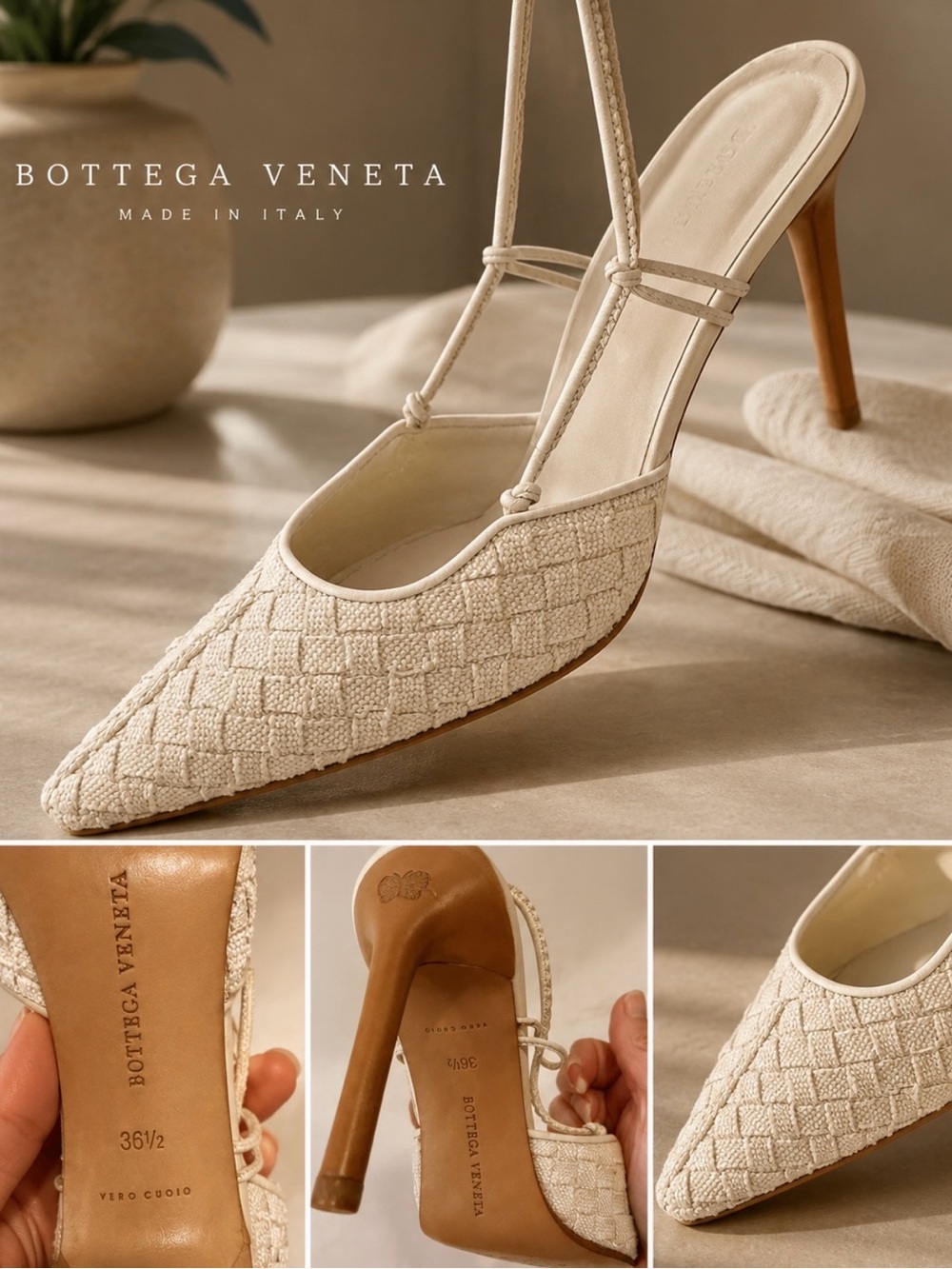 Bottega Veneta Cream Woven Pointed Slingback Heel with Tan Stiletto